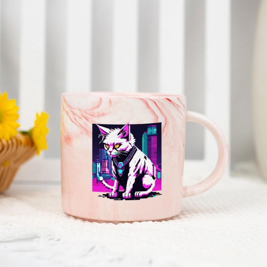 Neon Cyberpunk Cat Marble Mugs