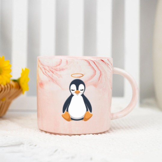 Peaceful Penguin with Halo Design Marble Mugs
