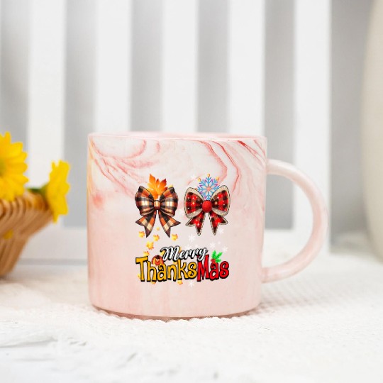Merry Thanksmas plaid Coquette Bow Christmas Plaid Marble Mugs