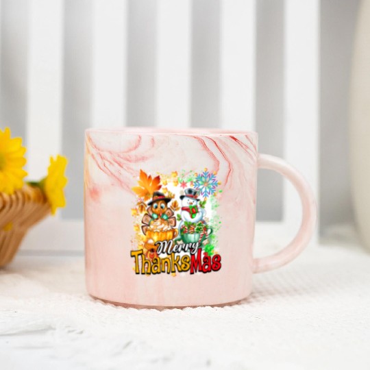 Merry Thanksmas Turkey Snowman Coffee latte cup Marble Mugs