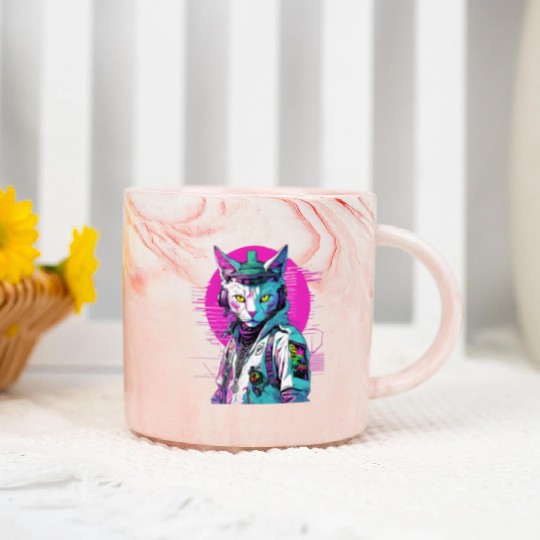 Neon Cyberpunk Warrior Cat Marble Mugs