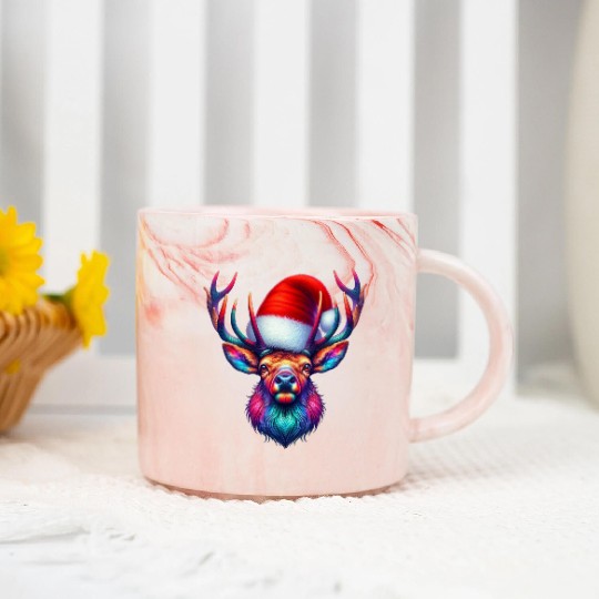 Christmas Deer with Santa Hat Cute Reindeer Animal Marble Mugs