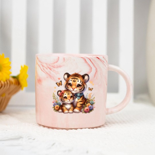 Adorable Tiger Cubs Surrounded by Butterflies and Marble Mugs