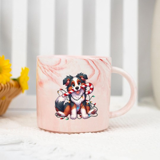 Christmas Dog Australian Shepard Lights Marble Mugs