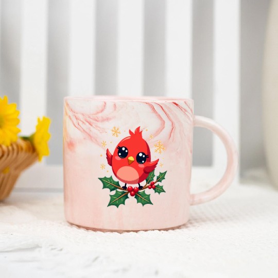 Elegant Christmas Cardinal on Holly Branch Marble Mugs