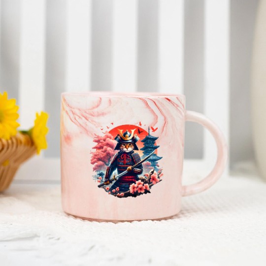 Samurai Cat Graphic Warrior Vintage Japanese Anime Marble Mugs