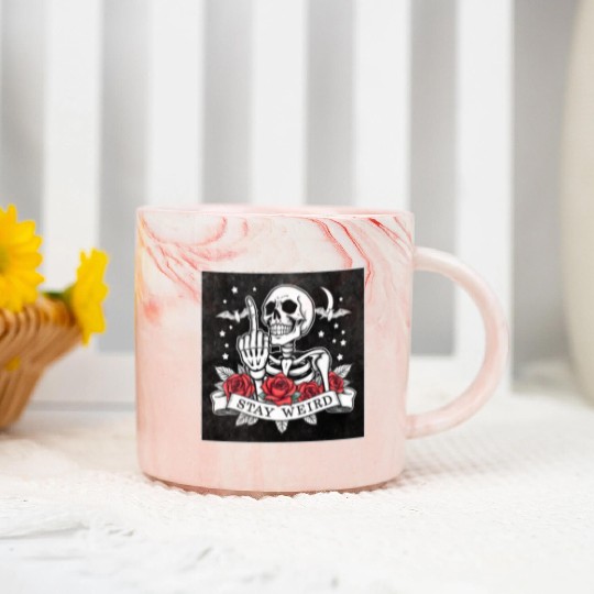 Stay weird skeleton middle finger Marble Mugs