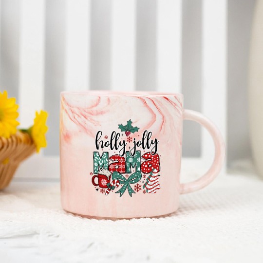 Holly Jolly Mama Coquette Bow Christmas Marble Mugs
