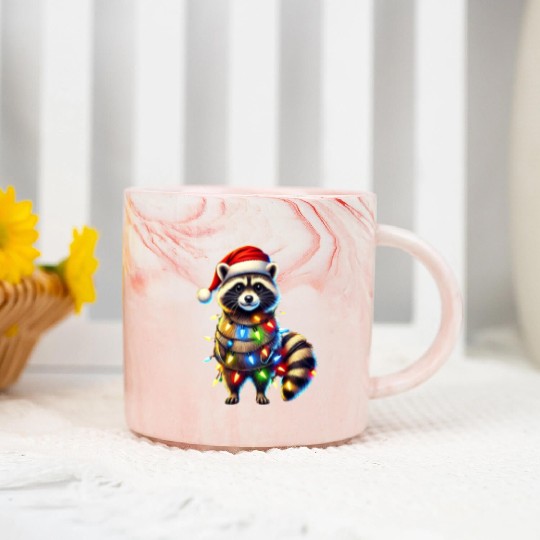 Festive Raccoon with Christmas Lights Marble Mugs