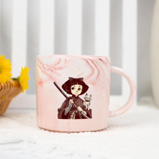 Chibi Samurai Warrior Cat Companion & Blossoms Marble Mugs