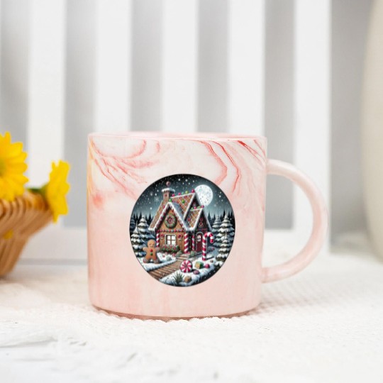 Christmas Gingerbread House with Candy Canes Marble Mugs