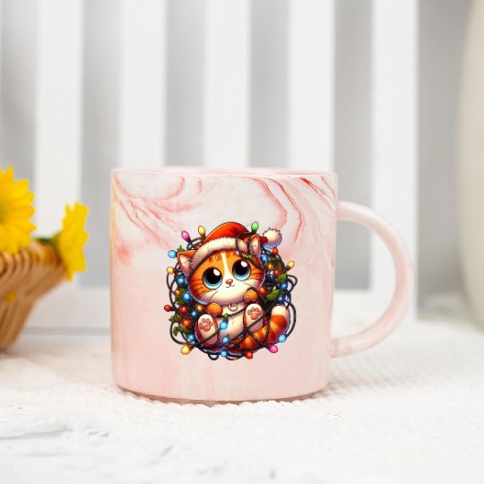 Whimsical Cat’s Christmas Lights Adventure Marble Mugs