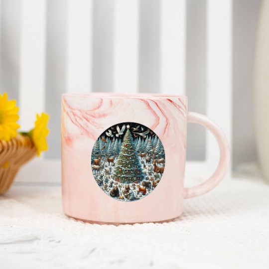 Snow-Dusted Christmas Tree with Woodland Animals Marble Mugs