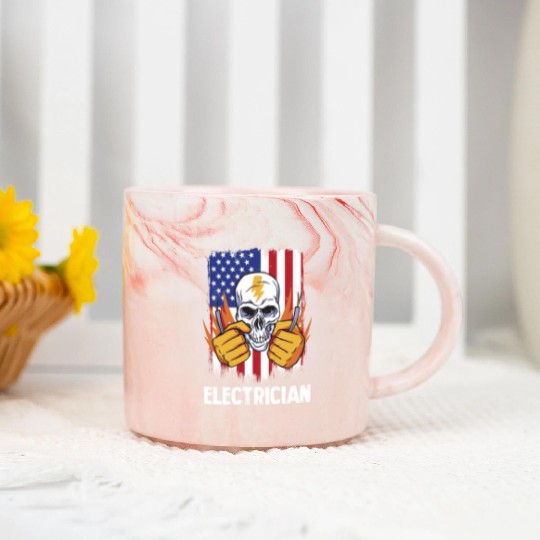 Electrician Skull with American Flag Background Marble Mugs