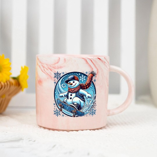 Skateboarding Snowman: Bandana, Board & Snowflakes Marble Mugs
