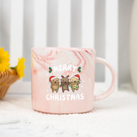 Merry Christmas Cute Otter Festive Lights Otter Marble Mugs
