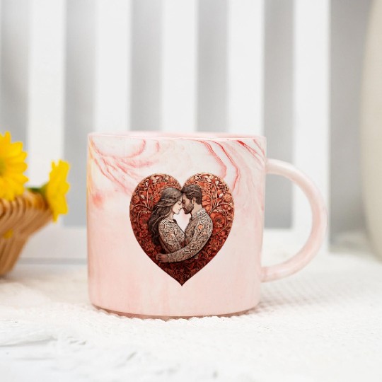 Romantic Couple Embracing in Floral Valentine Hear Marble Mugs
