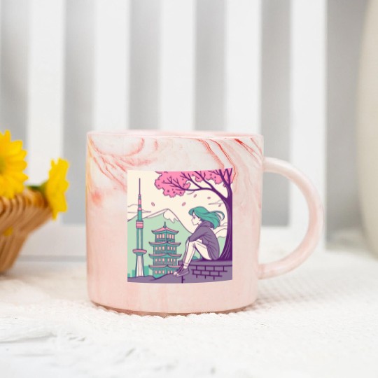 "Peaceful Anime Vibes: Girl Relaxing with Sakura Marble Mugs
