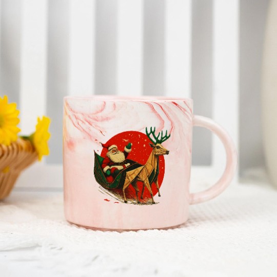 Christmas Santa Claus and Reindeer Origami Sleigh Marble Mugs