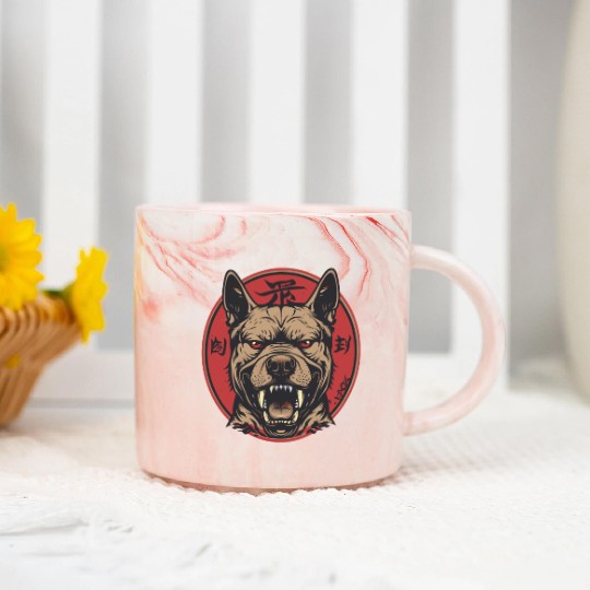 Fierce Dog Head with Red Circle and Fangs Marble Mugs