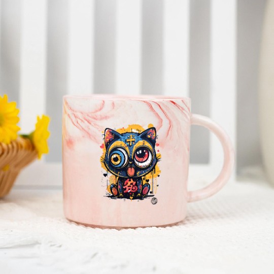 Psycho Lucky Cat – Glitch Meow Madness Marble Mugs