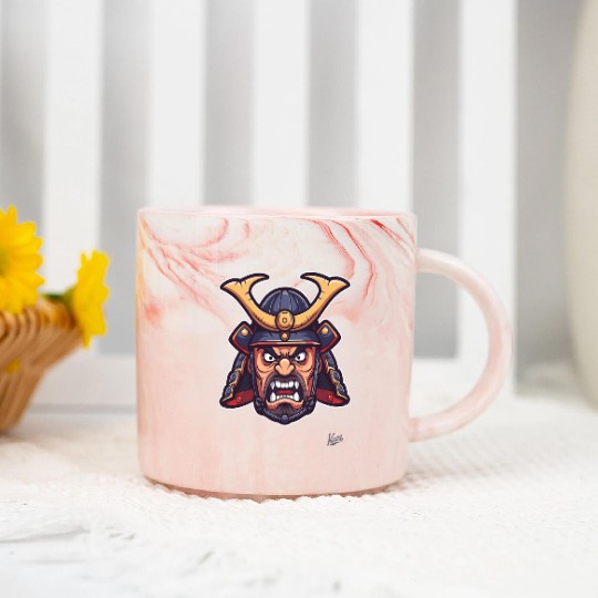 Angry Samurai Warrior Head Illustration Marble Mugs