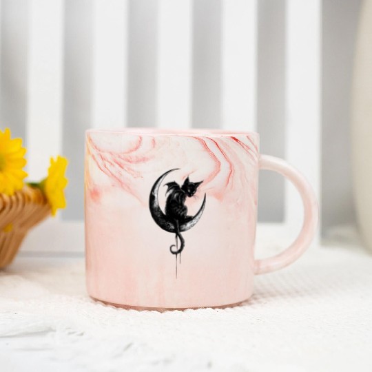 Cat With Bat Wings Sitting On Crescent Moon Goth Marble Mugs
