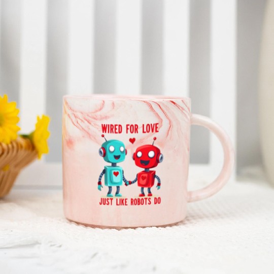 Valentine's Day Gift: Two Robots in Love on Bella Marble Mugs
