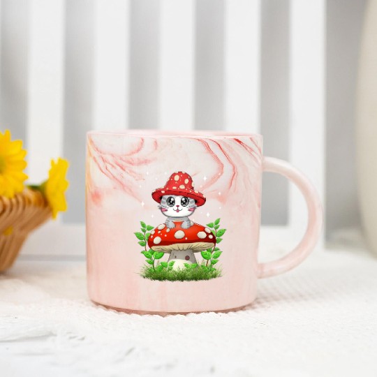 Cat Mushroom Cute Cottagecore Aesthetic Marble Mugs