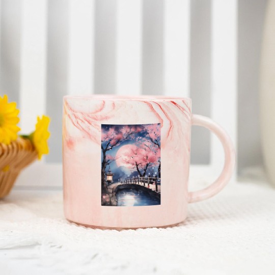 Watercolor cherry blossom festival full moon Marble Mugs