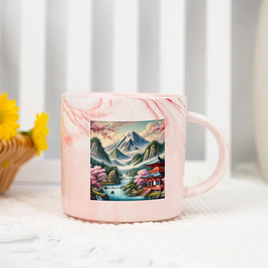Serene Mount Fuji Landscape Art Print - Japanese C Marble Mugs