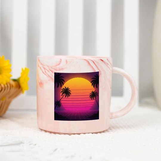 Retro Sunset with Palm Trees Marble Mugs