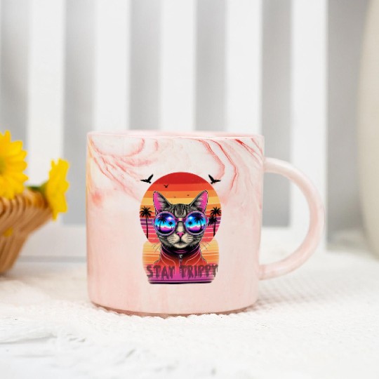 Stay Trippy Psychedelic Cat with Neon Sunglasses Marble Mugs