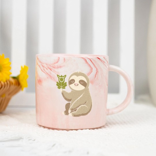 Taurus Zodiac Sloth with Leaf Symbol Serenity Marble Mugs