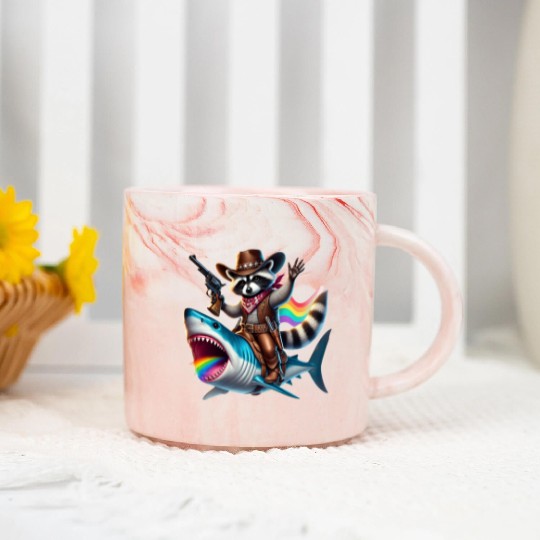Funny Vintage Cowboy Raccoon Shark Rainbow Art Marble Mugs