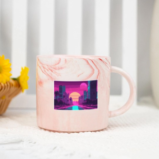 Neon Paradise Vaporwave Sunset Vibes Marble Mugs
