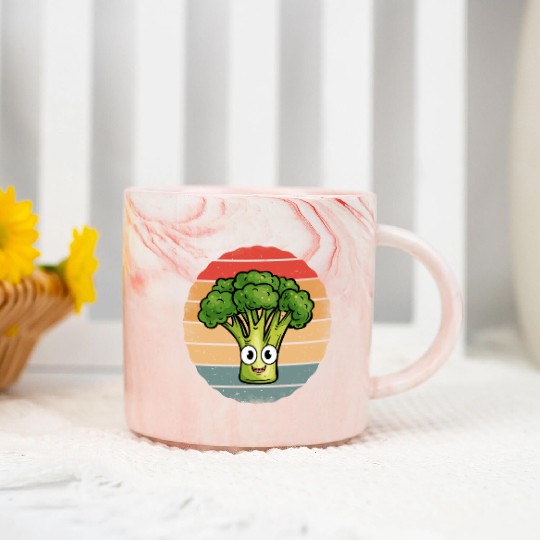 Cute Smiling Broccoli Retro Vintage Sunset Marble Mugs
