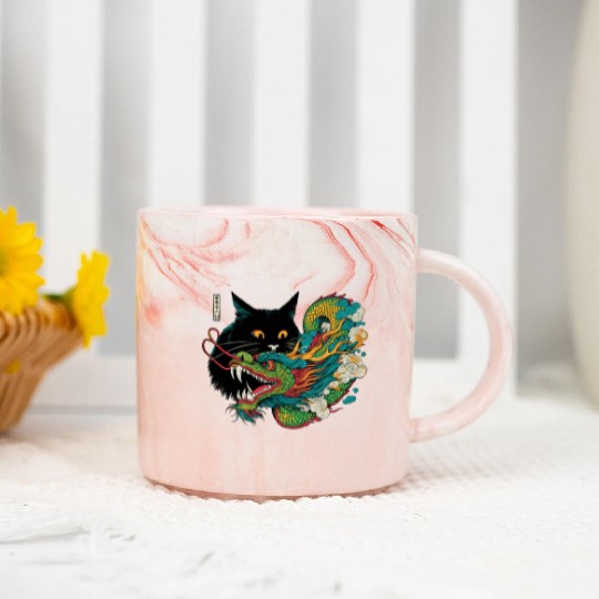 Ukiyo-e Black Cat Chinese Dragon Marble Mugs