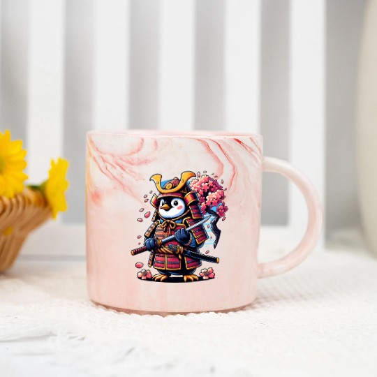 Penguin Samurai with Cherry Blossoms Marble Mugs