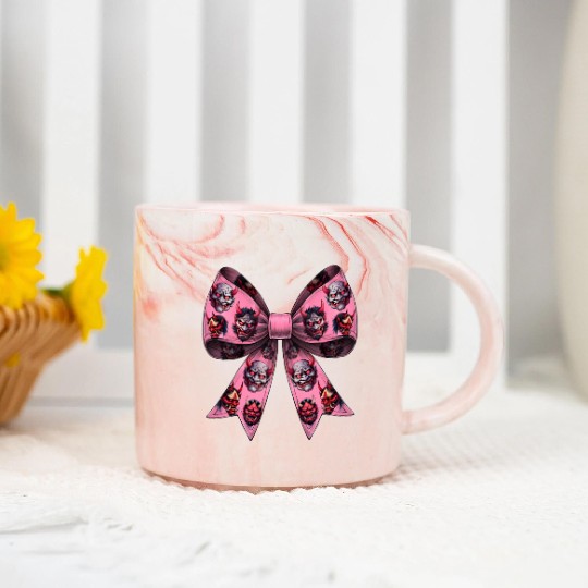 Coquette Bow Oni Yokai Devil Mask Pattern Pink Marble Mugs
