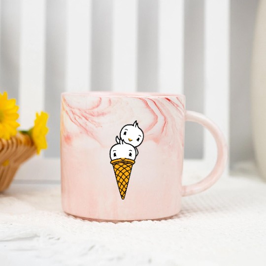 Two Birds Ice Cream Waffle Scoops Greeting Waving Marble Mugs