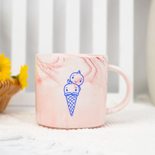Two Birds Ice Cream Waffle Scoops Greeting Waving Marble Mugs