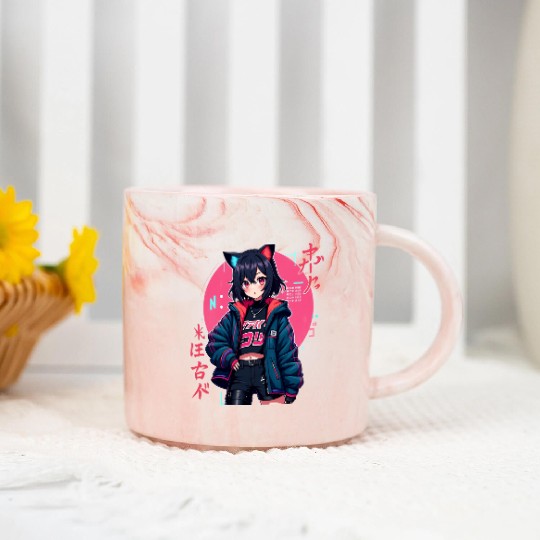 Cyberpunk Anime Girl with Cat Ears Neon Aesthetic Marble Mugs