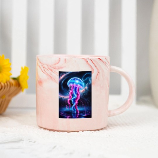 A mesmerizing neon jellyfish gracefully floating Marble Mugs