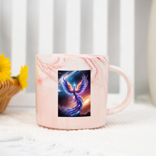 A majestic phoenix made of swirling stardust a Marble Mugs