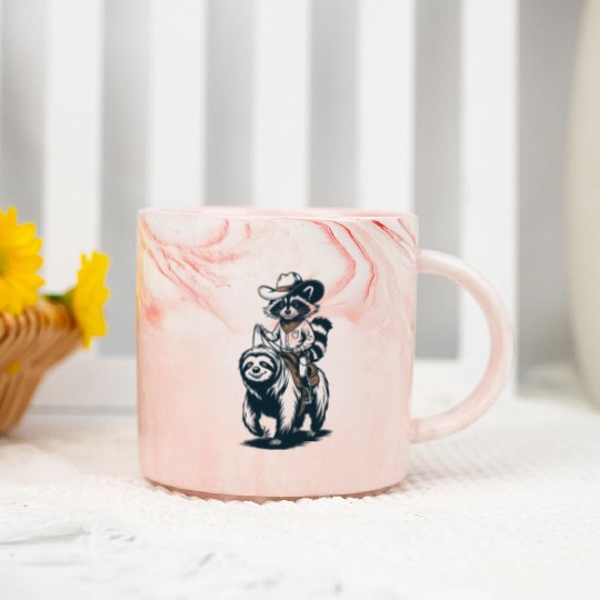 Raccoon Sloth Adventure: Cowboy Style Fun Marble Mugs