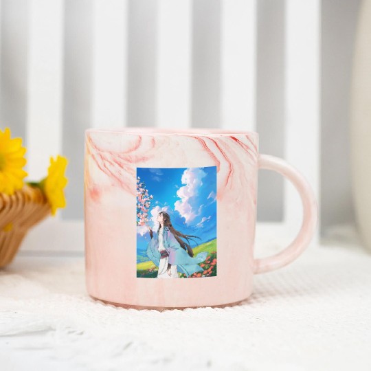 Serene Blossom Anime Aesthetic Marble Mugs