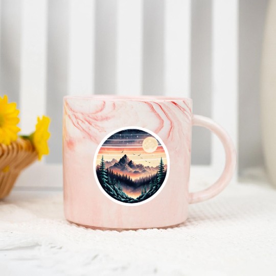 Retro 80s Gradient Sunset Mountain Sticker. Marble Mugs