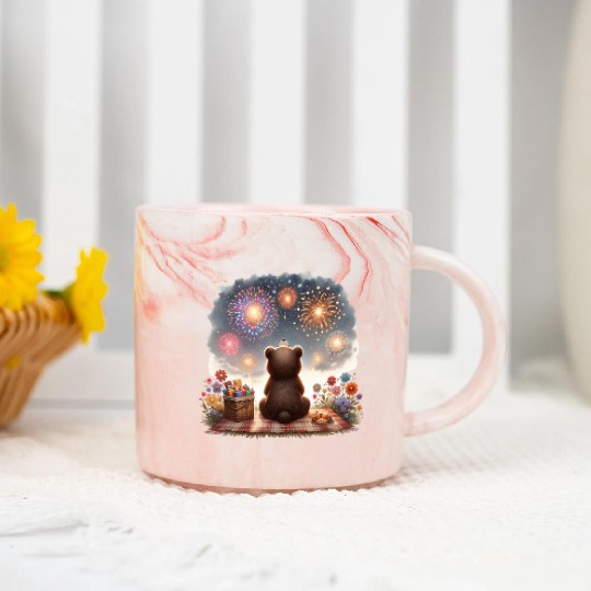 Fireworks Picnic Bear – Night Sky Celebration View Marble Mugs