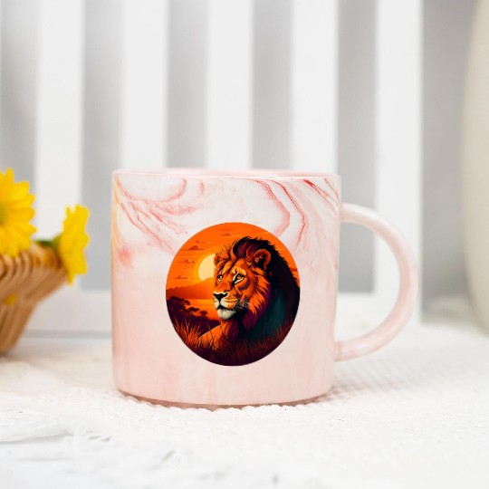 Sunrise Sleeping Lion in Grass Design. Marble Mugs